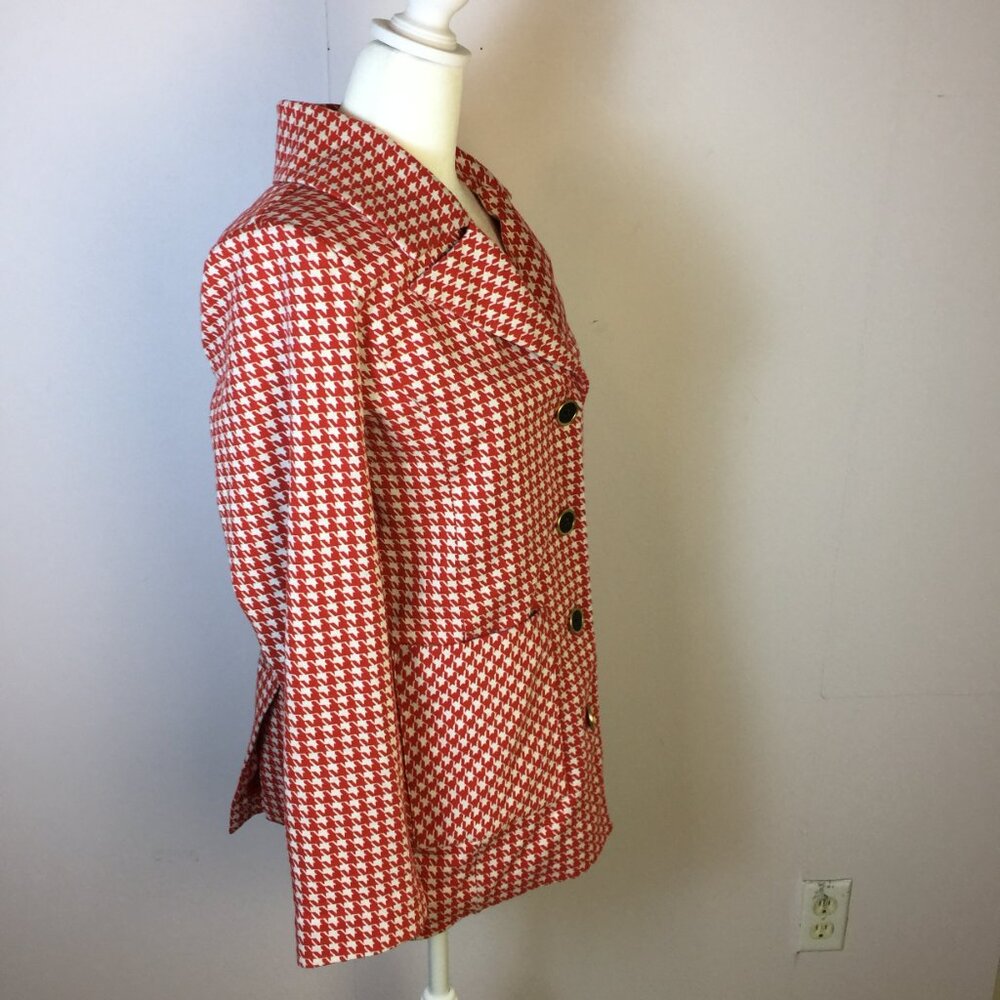 Cabi Blazer Jacket Sz S Womans Red White Classic Houndstooth Streth Pocket #4249 - Picture 2 of 16